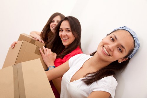 Packed office furniture and equipment ready for transport