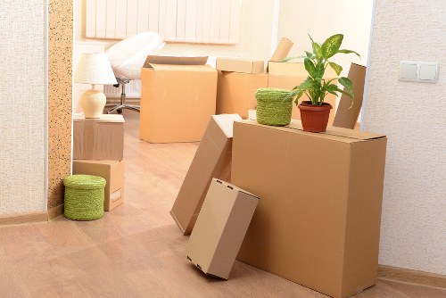Packed boxes and furniture prepared for local removals in Harlington