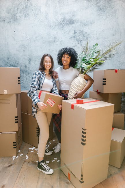 Two women in casual clothing are standing inside a room surrounded by large cardboard moving boxes, some sealed with red packing tape. One woman, wearing a checked shirt and beige trousers, holds a medium-sized box with a red label, while the other, dressed in a white top and patterned skirt, holds a decorative vase with a large artificial plant. The boxes are placed on a wooden floor, with additional boxes stacked against a textured grey wall behind them. The scene depicts a home relocation or furniture transport process, with the women preparing for a move, possibly unpacking or organizing items as part of a professional removals service offered by Man and Van Harlington. The room is well-lit, and the environment suggests an indoor setting during the packing or loading stage of a house removal.
